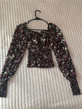 Ultra Flirt Black Floral Smocked Top with Purple and Pink Accents